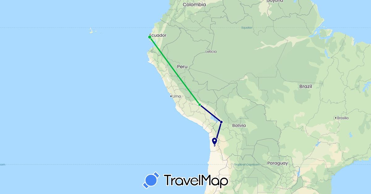 TravelMap itinerary: driving, bus in Bolivia, Chile, Ecuador, Peru (South America)